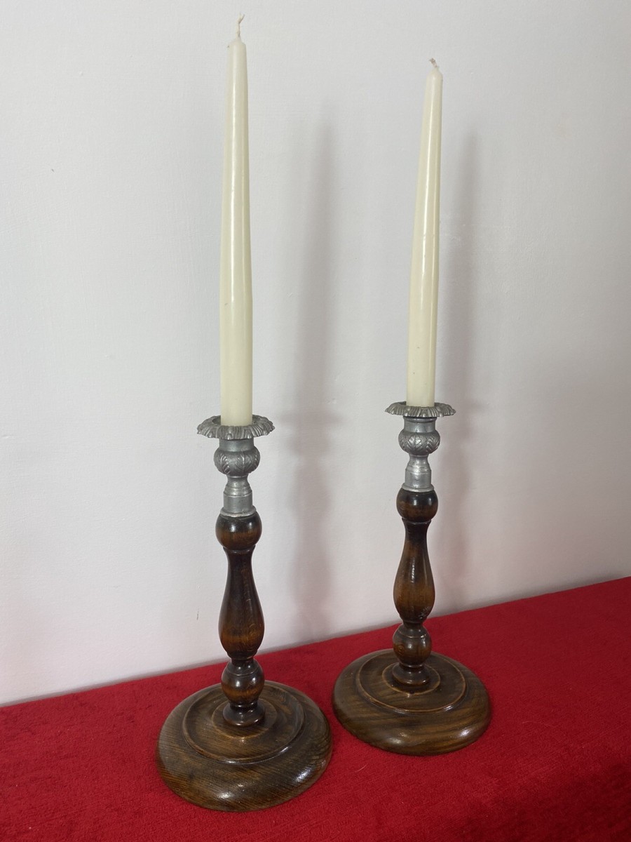 Pair Of Art Deco Mahogany And Pewter Candle Sticks