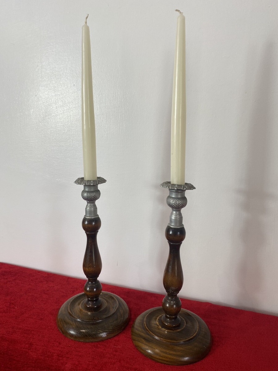 Pair Of Art Deco Mahogany And Pewter Candle Sticks