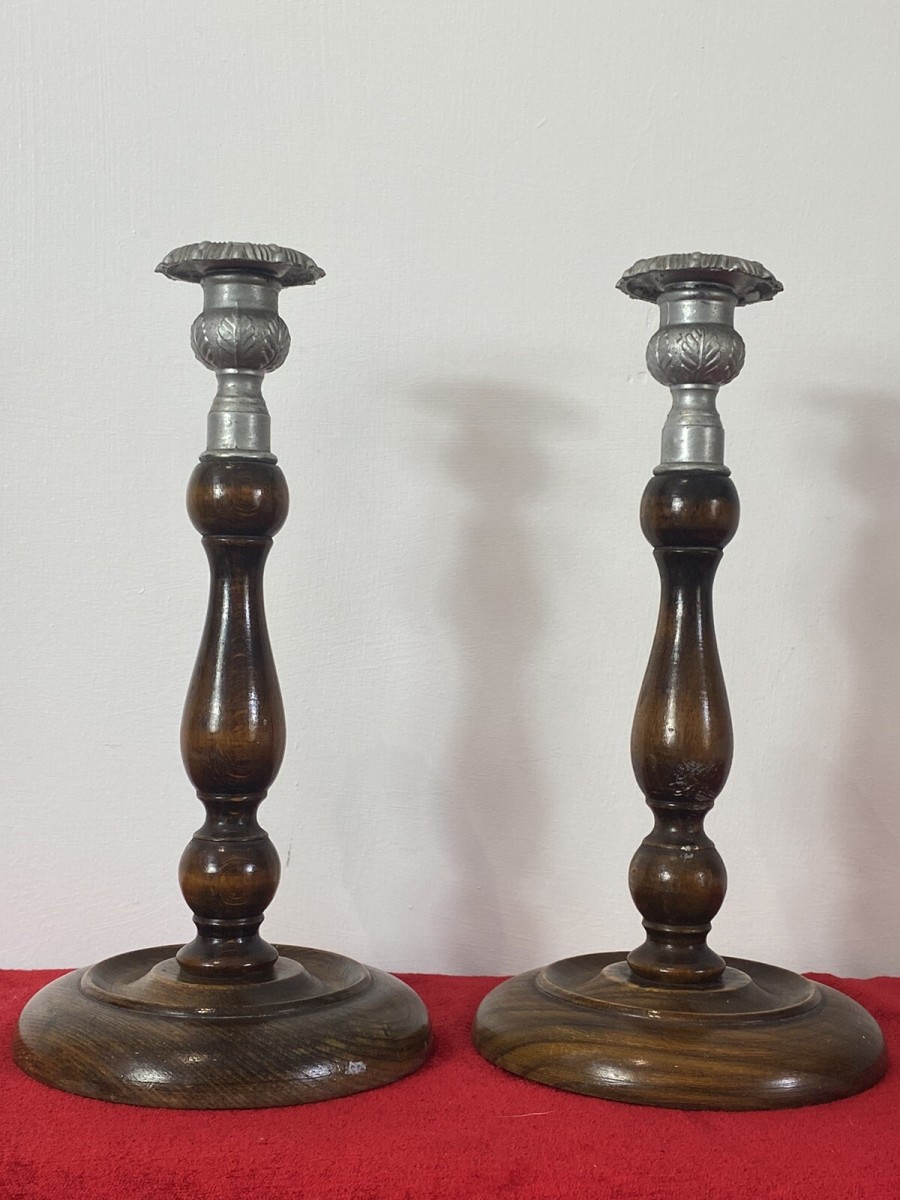 Pair Of Art Deco Mahogany And Pewter Candle Sticks