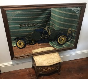 Large Vintage Classic Napier Motor Car Wall Mirror Wall Mirror With 1907 Racing Green Napier Motor Car With Wire Wheels Acid Etched Organic Pattern Corner Boarder Around The Mirror Wonderful Detail Hard Wood Frame Wall Hanging Hooks Classic Car Collectors Item Dimensions In Inches Height 27” Width 39” Depth 1”