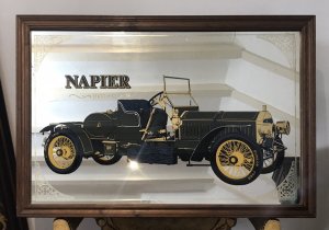 Large Vintage Classic Napier Motor Car Wall Mirror Wall Mirror With 1907 Racing Green Napier Motor Car With Wire Wheels Acid Etched Organic Pattern Corner Boarder Around The Mirror Wonderful Detail Hard Wood Frame Wall Hanging Hooks Classic Car Collectors Item Dimensions In Inches Height 27” Width 39” Depth 1”