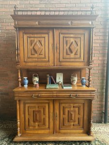 Antique German Bieder Meyer Style Monumental Satinwood Carved Bookcase. Beautiful Satin Wood Bookcase Cabinet Comprised Of Two Double Door Cupboards To Store Books Adorned With Diamond Motifs With Ornate Beaded Boarders, Double Pillared Columns On Top Section & Two Large Drawers For Document Storage. Crowned With Delicate Top Turned Spindle Gallery With Shaped Finials At Each Corner Three Sections - Top Section, Central Pillared Gallery And Bottom Cupboard Large Monumental Size Solid Satin Wood Throughout Quality Heavy Antique Piece. Perfect For Library, Entrance Hall, Study Provenance Acquired From The Country Seat Of Viscount Hill, Shropshire In 1922. At The Time At An Auction Held There Described As a Stylised Bookcase. Dimensions In inches Height 96” Width 56.5” Base Depth - 22.5” Top Depth - 17”