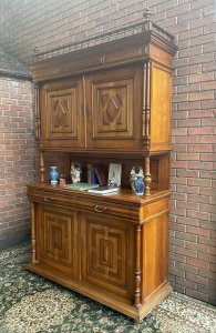 Antique German Bieder Meyer Style Monumental Satinwood Carved Bookcase. Beautiful Satin Wood Bookcase Cabinet Comprised Of Two Double Door Cupboards To Store Books Adorned With Diamond Motifs With Ornate Beaded Boarders, Double Pillared Columns On Top Section & Two Large Drawers For Document Storage. Crowned With Delicate Top Turned Spindle Gallery With Shaped Finials At Each Corner Three Sections - Top Section, Central Pillared Gallery And Bottom Cupboard Large Monumental Size Solid Satin Wood Throughout Quality Heavy Antique Piece. Perfect For Library, Entrance Hall, Study Provenance Acquired From The Country Seat Of Viscount Hill, Shropshire In 1922. At The Time At An Auction Held There Described As a Stylised Bookcase. Dimensions In inches Height 96” Width 56.5” Base Depth - 22.5” Top Depth - 17”
