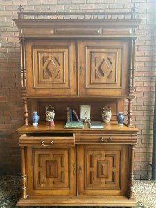 Antique German Bieder Meyer Style Monumental Satinwood Carved Bookcase. Beautiful Satin Wood Bookcase Cabinet Comprised Of Two Double Door Cupboards To Store Books Adorned With Diamond Motifs With Ornate Beaded Boarders, Double Pillared Columns On Top Section & Two Large Drawers For Document Storage. Crowned With Delicate Top Turned Spindle Gallery With Shaped Finials At Each Corner Three Sections - Top Section, Central Pillared Gallery And Bottom Cupboard Large Monumental Size Solid Satin Wood Throughout Quality Heavy Antique Piece. Perfect For Library, Entrance Hall, Study Provenance Acquired From The Country Seat Of Viscount Hill, Shropshire In 1922. At The Time At An Auction Held There Described As a Stylised Bookcase. Dimensions In inches Height 96” Width 56.5” Base Depth - 22.5” Top Depth - 17”