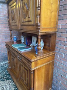Antique German Bieder Meyer Style Monumental Satinwood Carved Bookcase. Beautiful Satin Wood Bookcase Cabinet Comprised Of Two Double Door Cupboards To Store Books Adorned With Diamond Motifs With Ornate Beaded Boarders, Double Pillared Columns On Top Section & Two Large Drawers For Document Storage. Crowned With Delicate Top Turned Spindle Gallery With Shaped Finials At Each Corner Three Sections - Top Section, Central Pillared Gallery And Bottom Cupboard Large Monumental Size Solid Satin Wood Throughout Quality Heavy Antique Piece. Perfect For Library, Entrance Hall, Study Provenance Acquired From The Country Seat Of Viscount Hill, Shropshire In 1922. At The Time At An Auction Held There Described As a Stylised Bookcase. Dimensions In inches Height 96” Width 56.5” Base Depth - 22.5” Top Depth - 17”