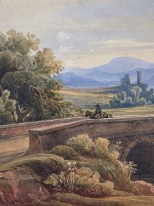 19C Aristocratic Romantic Castle Landscape Watercolour Painting By Lady Buetiau Hepburne. Circa - 1900 Composition - Watercolour On Velum Beautiful Watercolour Of A Romantic Landscape Composition Of Rolling Hills, Castles And Bridge Crossing In Italy With Detailed Flora And Forna. Impressive Coloration In Earth Hues Painted By The Fine Hand Of Aristocrat Lady Buetiau Hepburne Whilst On Vacation In Italy During The 1900. Signed On The Reverse And Set In Glazed Gilt Frame. Dimensions In Inches Height 13 1/4” Width 17 1/4”