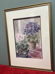 20th Century Botanical Still Life Watercolour Painting By Artist Lorna Watson Circa - 1970 Composition - Watercolour on Vellum Listing Description Feminine Botanical Still Life Arrangement Showcasing Two Potted Floral Plants. (Nearest) Pastel Pink Cyclamen In Ornate Chinese Painted Bowl And Behind Blooming Violet In Circular Clay Garden Pot. Whole Artwork In Array Of Rich Pinks And Purple Hues. Flowers Foliage In Fine Detail. Stunning Artwork For Bright Wall Hanging Display. Signed By Artist (Right Bottom Corner) Lorna Watson And Set in Double Bordered Gilded Glazed Frame. Dimensions In Inches Height 23.5" X Width 18"