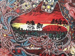 Australian Bulurru Aboriginal Artwork Titled - "NGURA" OUR LAND Artist - TJINTA TJINTA Listing Description Wonderful Vibrant Aboriginal Artwork Of Great Cultural Significance. The Central Portion Of The Artwork Shows The Sacred Uluru/ Ayers Rock, Which Is One of Australias Most Recognised Landmarks. The Rock Is A Colossal Sandstone Formation Standing 348M High, Rising 863M Above Sea Level. Uluru Is Noted for Appearing To Change Colour At Different Times Of the Day, Most Noticeably Glowing Red At Dawn And Sunset. Entwined Around the Artwork Are Native Animals, Including Kangaroos, Snakes, Lizards, Turtles As Well As Native Fruits And Forna. Glazed And Framed Original Artwork. Print On Canvas. Dimensions In Cm Height 48cm X Width 57.5cm