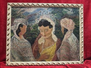In The Style Of Gustav Klimt Impasto Oil Painting The Three Graces. Composition - Oil On Board Listing Description Striking Figurative Oil Painting With Distinct Painting Style Reference to Gustav Klimt. Thick Impasto Pointillism Paintwork Capturing A Celebratory Occassion Depicting A Female of Great Importance With Two Other Females, Thought To Be Ladies In Waiting. Stunning Use Of Fabric Pattern And Rich Hues With Detailed Landscape Backdrop. Dimensions in Cms Height 45cm X Width 55Cm For Further Information Please Call Our Museum Curator On 07707 488566 Thank-you.