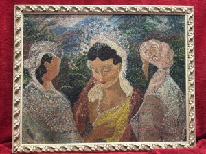 In The Style Of Gustav Klimt Impasto Oil Painting The Three Graces. Composition - Oil On Board Listing Description Striking Figurative Oil Painting With Distinct Painting Style Reference to Gustav Klimt. Thick Impasto Pointillism Paintwork Capturing A Celebratory Occassion Depicting A Female of Great Importance With Two Other Females, Thought To Be Ladies In Waiting. Stunning Use Of Fabric Pattern And Rich Hues With Detailed Landscape Backdrop. Dimensions in Cms Height 45cm X Width 55Cm For Further Information Please Call Our Museum Curator On 07707 488566 Thank-you.