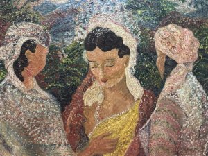 In The Style Of Gustav Klimt Impasto Oil Painting The Three Graces. Composition - Oil On Board Listing Description Striking Figurative Oil Painting With Distinct Painting Style Reference to Gustav Klimt. Thick Impasto Pointillism Paintwork Capturing A Celebratory Occassion Depicting A Female of Great Importance With Two Other Females, Thought To Be Ladies In Waiting. Stunning Use Of Fabric Pattern And Rich Hues With Detailed Landscape Backdrop. Dimensions in Cms Height 45cm X Width 55Cm For Further Information Please Call Our Museum Curator On 07707 488566 Thank-you.