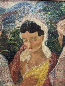 In The Style Of Gustav Klimt Impasto Oil Painting The Three Graces. Composition - Oil On Board Listing Description Striking Figurative Oil Painting With Distinct Painting Style Reference to Gustav Klimt. Thick Impasto Pointillism Paintwork Capturing A Celebratory Occassion Depicting A Female of Great Importance With Two Other Females, Thought To Be Ladies In Waiting. Stunning Use Of Fabric Pattern And Rich Hues With Detailed Landscape Backdrop. Dimensions in Cms Height 45cm X Width 55Cm For Further Information Please Call Our Museum Curator On 07707 488566 Thank-you.