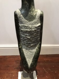 Fine Tall African Marble 20th Century Mother And Child Sculpture By Tendai Mutinhima Wonderful Character Highly Polished Marble Carving Carved From A Solid Piece Of African Marble Very Interesting African Woman With Baby In A Pouch On Her Back Stunning Facial Detail With Long Neck And Arms Signed By Artist Stunning Centre Piece Exceptionally Heavy Approx Weight 90Kg Provenance Purchased From New York Art Gallery Exhibited And Sold 1980’s Brought To London 2019 Dimensions In Inches Height 41” Width 13” (Head) Width 8” (Centre) Depth 7.5”