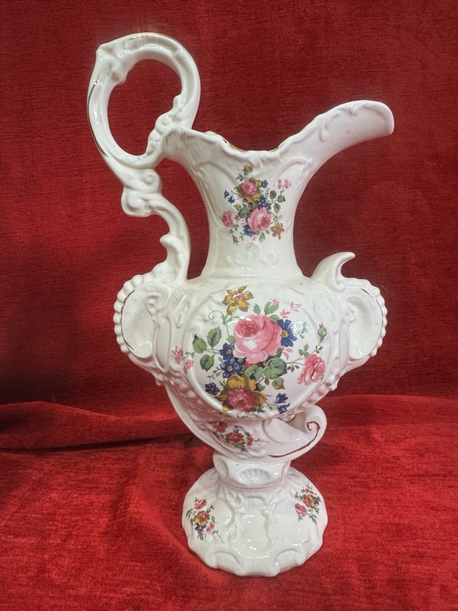 Staffordshire Utopia Pottery Pair Of Ewer Jug Vases With British Rose Design