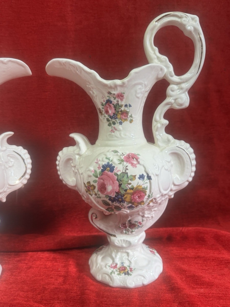 Staffordshire Utopia Pottery Pair Of Ewer Jug Vases With British Rose Design