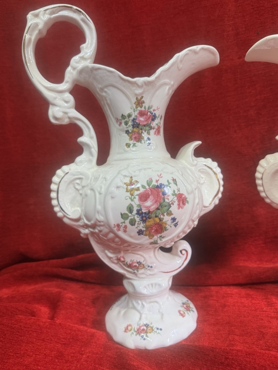 Staffordshire Utopia Pottery Pair Of Ewer Jug Vases With British Rose Design