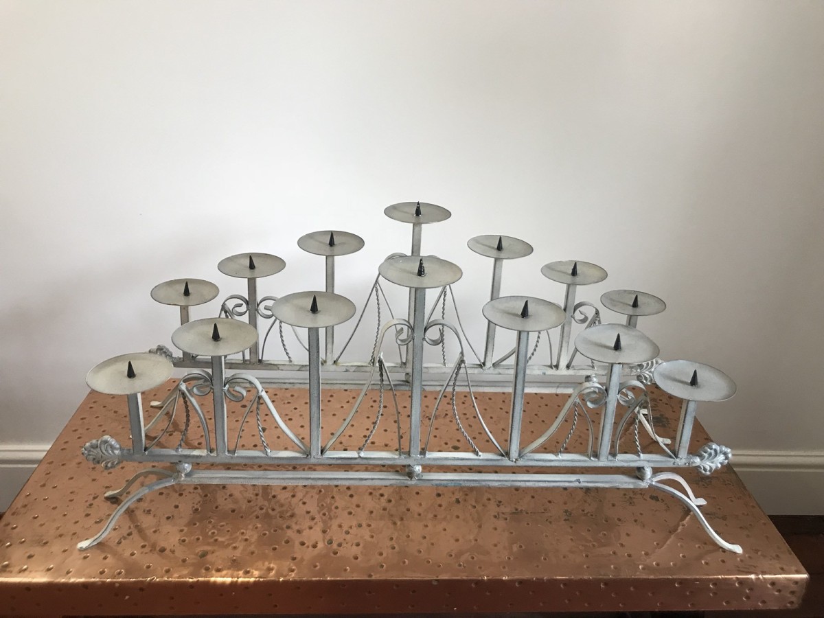 Pair Of Ornate Architectural Wrought Iron 7 Branch Candelabras