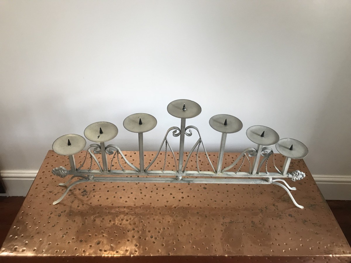 Pair Of Ornate Architectural Wrought Iron 7 Branch Candelabras