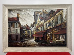 French Parisian Street Scene Titled Maison Catherine Work Of Art By JOSE DAROCA Exceptional Original Impressionist Work Of Art By Known Listed Spanish Artist Jose Daroca Born In 1932. This Wonderful Oil On Canvas Artwork Dated 1964 Shows Fine Detail And Good Perspective Of The Maison Catherine In Paris. These Nostalgic Narrow Streets Situated At The Top Of Montmarte Mound (Paris’s Tallest Hill) On The Famous Tertre Square Which Is Notoriously Surrounded By Painters Capturing The Nostalgia And Melancholy Of The Iddylic Surroundings. This Composition Shows Vigorous Brush Strokes In The Impressionistic Style, The Use Of Striking Rich Reds Complemented With Vibrant Yellows And Subtle Shades Of Grey. Exceptional Execution By The Very Accomplished Artist. Signed By Artist (Bottom Left Corner) Set In Painted Ash Wood Frame. Art Collectors / Interior Designers Piece. Brief Artist History Jose Daroca Was A Self Taught Artist Of Spanish Nationality. After Residing In Paris And Staging His First Exhibition In Lecignan France 1960 He Travelled To Various Capitals Across Europe Participating In National Of Barcelona And Alicante. Some Of His Works Held In Collections Such As The Emerling Room Art Gallery In New York, Artesian In Switzerland. As Well As And A Variety Of Californian And Mexican Galleries. Condition - Very Good Please Note There Are Small Cracks To Paint Work Due To Age. This Does Not Detract From The Artwork. Dimensions In Inches Height 20 1/4” Width 40 3/4” Depth 3”