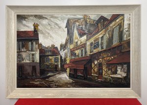 French Parisian Street Scene Titled Maison Catherine Work Of Art By JOSE DAROCA Exceptional Original Impressionist Work Of Art By Known Listed Spanish Artist Jose Daroca Born In 1932. This Wonderful Oil On Canvas Artwork Dated 1964 Shows Fine Detail And Good Perspective Of The Maison Catherine In Paris. These Nostalgic Narrow Streets Situated At The Top Of Montmarte Mound (Paris’s Tallest Hill) On The Famous Tertre Square Which Is Notoriously Surrounded By Painters Capturing The Nostalgia And Melancholy Of The Iddylic Surroundings. This Composition Shows Vigorous Brush Strokes In The Impressionistic Style, The Use Of Striking Rich Reds Complemented With Vibrant Yellows And Subtle Shades Of Grey. Exceptional Execution By The Very Accomplished Artist. Signed By Artist (Bottom Left Corner) Set In Painted Ash Wood Frame. Art Collectors / Interior Designers Piece. Brief Artist History Jose Daroca Was A Self Taught Artist Of Spanish Nationality. After Residing In Paris And Staging His First Exhibition In Lecignan France 1960 He Travelled To Various Capitals Across Europe Participating In National Of Barcelona And Alicante. Some Of His Works Held In Collections Such As The Emerling Room Art Gallery In New York, Artesian In Switzerland. As Well As And A Variety Of Californian And Mexican Galleries. Condition - Very Good Please Note There Are Small Cracks To Paint Work Due To Age. This Does Not Detract From The Artwork. Dimensions In Inches Height 20 1/4” Width 40 3/4” Depth 3”