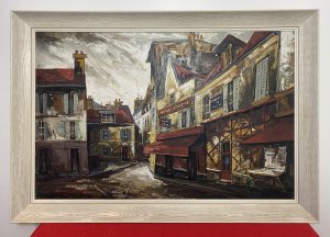 French Parisian Street Scene Titled Maison Catherine Work Of Art By JOSE DAROCA Exceptional Original Impressionist Work Of Art By Known Listed Spanish Artist Jose Daroca Born In 1932. This Wonderful Oil On Canvas Artwork Dated 1964 Shows Fine Detail And Good Perspective Of The Maison Catherine In Paris. These Nostalgic Narrow Streets Situated At The Top Of Montmarte Mound (Paris’s Tallest Hill) On The Famous Tertre Square Which Is Notoriously Surrounded By Painters Capturing The Nostalgia And Melancholy Of The Iddylic Surroundings. This Composition Shows Vigorous Brush Strokes In The Impressionistic Style, The Use Of Striking Rich Reds Complemented With Vibrant Yellows And Subtle Shades Of Grey. Exceptional Execution By The Very Accomplished Artist. Signed By Artist (Bottom Left Corner) Set In Painted Ash Wood Frame. Art Collectors / Interior Designers Piece. Brief Artist History Jose Daroca Was A Self Taught Artist Of Spanish Nationality. After Residing In Paris And Staging His First Exhibition In Lecignan France 1960 He Travelled To Various Capitals Across Europe Participating In National Of Barcelona And Alicante. Some Of His Works Held In Collections Such As The Emerling Room Art Gallery In New York, Artesian In Switzerland. As Well As And A Variety Of Californian And Mexican Galleries. Condition - Very Good Please Note There Are Small Cracks To Paint Work Due To Age. This Does Not Detract From The Artwork. Dimensions In Inches Height 20 1/4” Width 40 3/4” Depth 3”