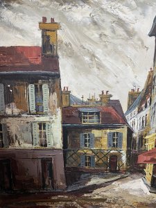 French Parisian Street Scene Titled Maison Catherine Work Of Art By JOSE DAROCA Exceptional Original Impressionist Work Of Art By Known Listed Spanish Artist Jose Daroca Born In 1932. This Wonderful Oil On Canvas Artwork Dated 1964 Shows Fine Detail And Good Perspective Of The Maison Catherine In Paris. These Nostalgic Narrow Streets Situated At The Top Of Montmarte Mound (Paris’s Tallest Hill) On The Famous Tertre Square Which Is Notoriously Surrounded By Painters Capturing The Nostalgia And Melancholy Of The Iddylic Surroundings. This Composition Shows Vigorous Brush Strokes In The Impressionistic Style, The Use Of Striking Rich Reds Complemented With Vibrant Yellows And Subtle Shades Of Grey. Exceptional Execution By The Very Accomplished Artist. Signed By Artist (Bottom Left Corner) Set In Painted Ash Wood Frame. Art Collectors / Interior Designers Piece. Brief Artist History Jose Daroca Was A Self Taught Artist Of Spanish Nationality. After Residing In Paris And Staging His First Exhibition In Lecignan France 1960 He Travelled To Various Capitals Across Europe Participating In National Of Barcelona And Alicante. Some Of His Works Held In Collections Such As The Emerling Room Art Gallery In New York, Artesian In Switzerland. As Well As And A Variety Of Californian And Mexican Galleries. Condition - Very Good Please Note There Are Small Cracks To Paint Work Due To Age. This Does Not Detract From The Artwork. Dimensions In Inches Height 20 1/4” Width 40 3/4” Depth 3”