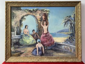 Spanish School Romantic Flamenco Dancers In Landscape Impressionist Oil Artwork Circa - Mid 20th Century Composition - Oil On Canvas Listing Description Beautiful Rich Spanish Figural Landscape With Beach Scene Background And Architectural Merit. Two Females And A Male Figure, Sit In Front Of Arched Column Wall Watching Another Half Nude Female Flamenco Dancer Balancing A Water Vase Upon Her Head. An Enticing Beach Bay In Background With Shadowed Headland And Small Sailboats, With Delicately Painted Palm Trees. Wonderful Artwork Composition Painted In Rich Pastel Hues In The Impressionist Style. Stunning Original Artwork Set In Ornate Gilt Wood Frame. Unsigned. Dimensions In Inches Height 23 1/4" Width29"