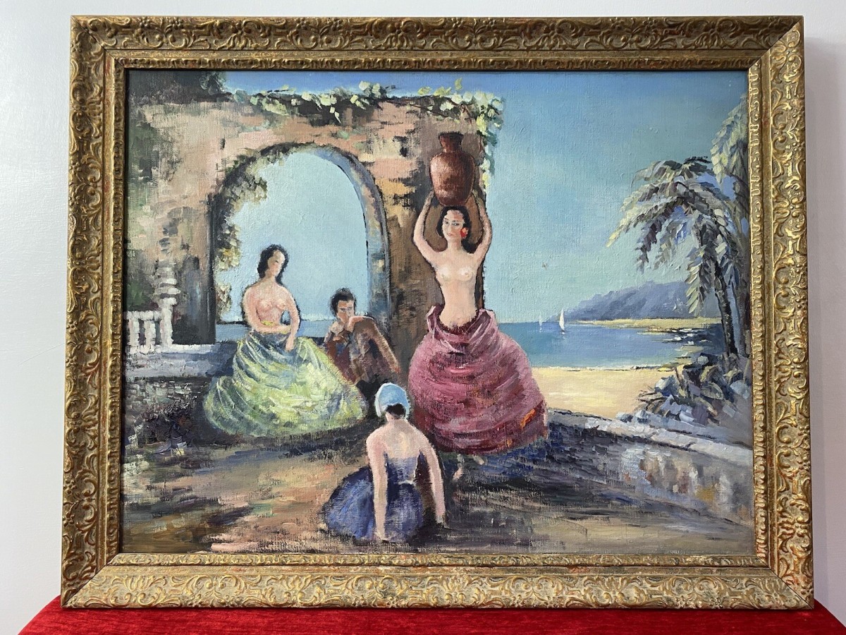 Spanish School Romantic Flamenco Dancers In Landscape Impressionist Oil Artwork
