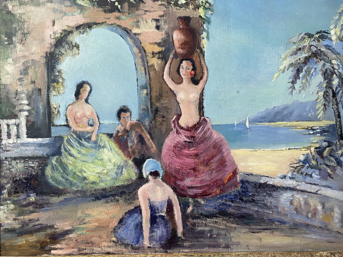 Spanish School Romantic Flamenco Dancers In Landscape Impressionist Oil Artwork