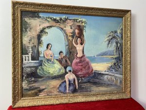 Spanish School Romantic Flamenco Dancers In Landscape Impressionist Oil Artwork Circa - Mid 20th Century Composition - Oil On Canvas Listing Description Beautiful Rich Spanish Figural Landscape With Beach Scene Background And Architectural Merit. Two Females And A Male Figure, Sit In Front Of Arched Column Wall Watching Another Half Nude Female Flamenco Dancer Balancing A Water Vase Upon Her Head. An Enticing Beach Bay In Background With Shadowed Headland And Small Sailboats, With Delicately Painted Palm Trees. Wonderful Artwork Composition Painted In Rich Pastel Hues In The Impressionist Style. Stunning Original Artwork Set In Ornate Gilt Wood Frame. Unsigned. Dimensions In Inches Height 23 1/4" Width29"
