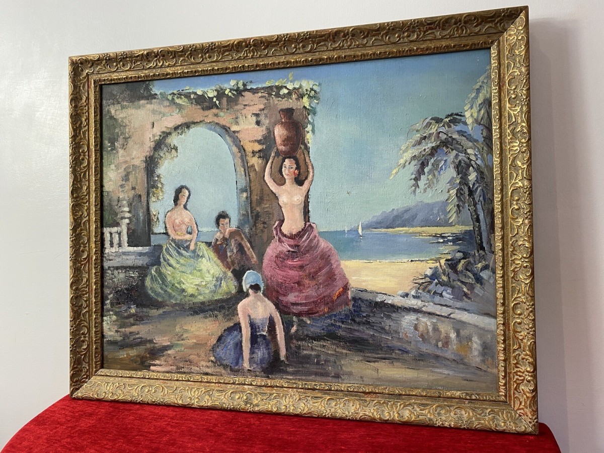 Spanish School Romantic Flamenco Dancers In Landscape Impressionist Oil Artwork