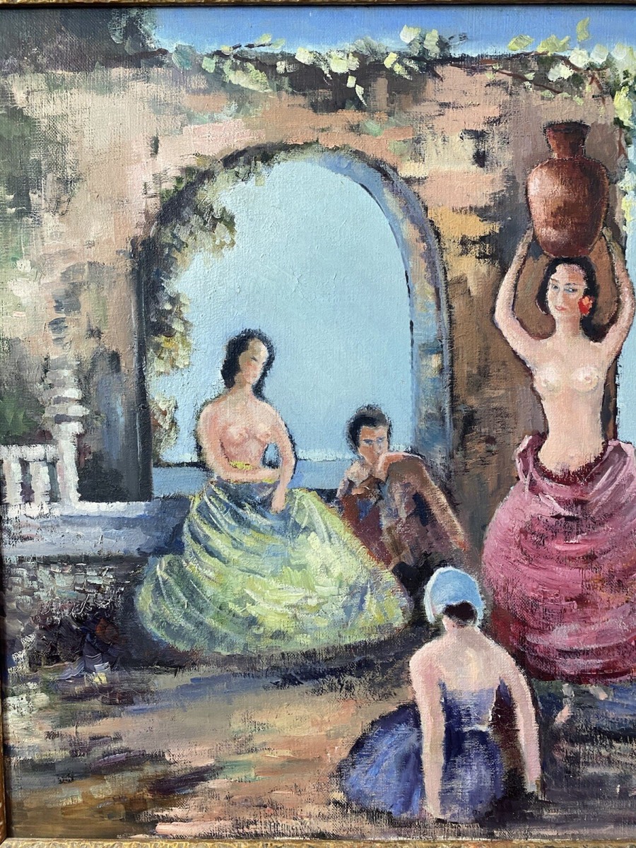 Spanish School Romantic Flamenco Dancers In Landscape Impressionist Oil Artwork