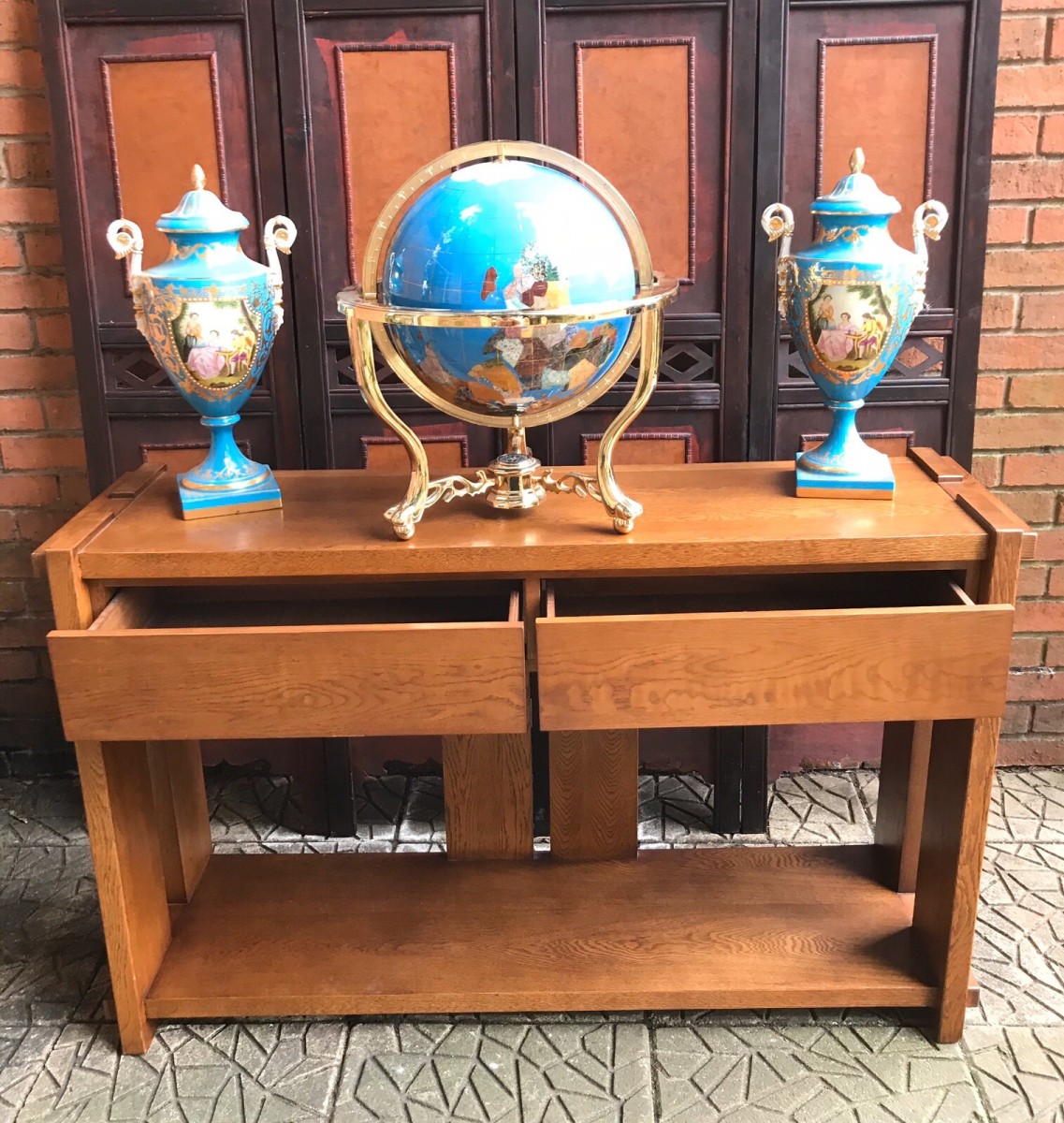 Exceptional Art Deco Style Flemish Solid Oak Designer Console Table