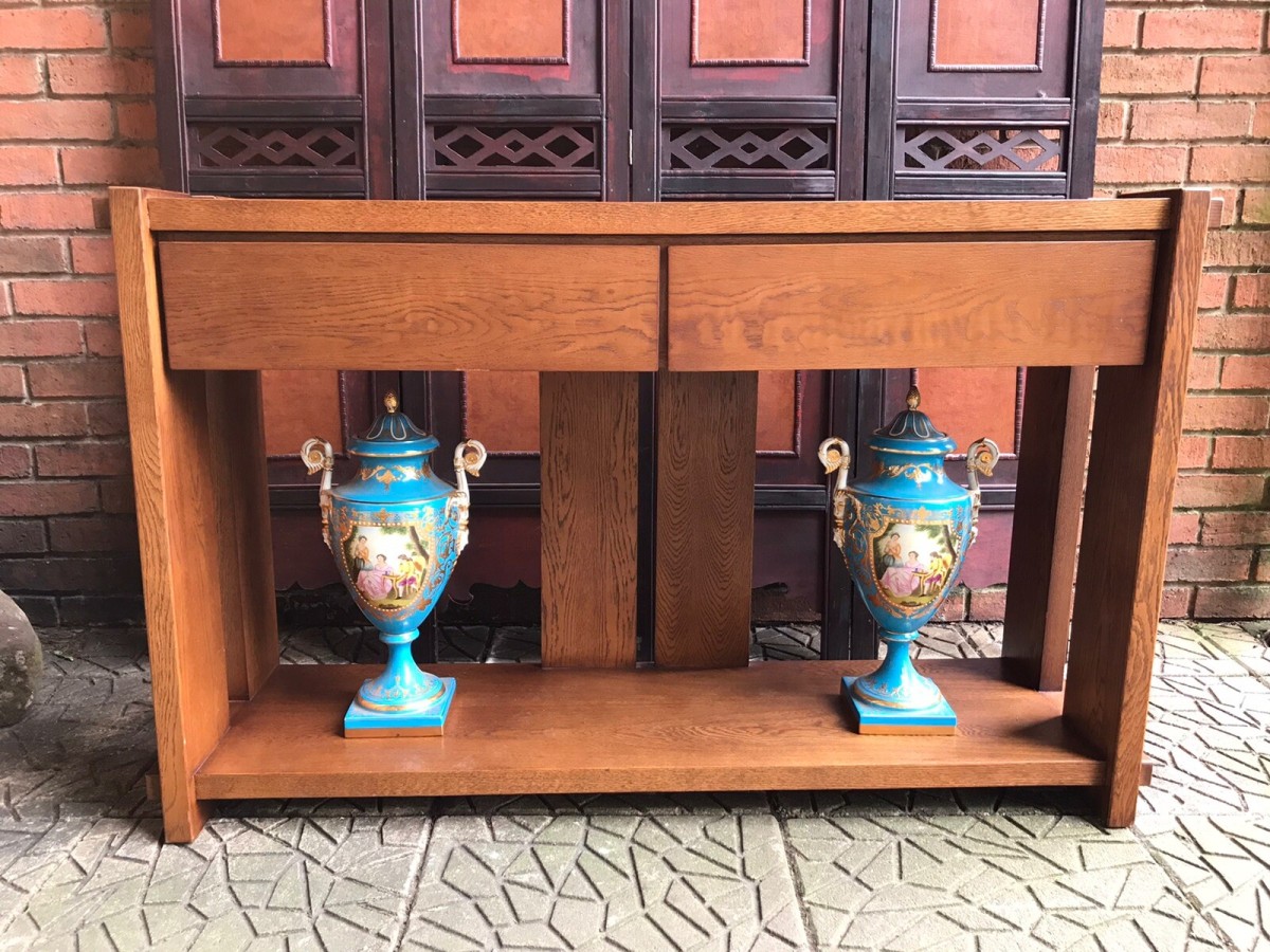Exceptional Art Deco Style Flemish Solid Oak Designer Console Table