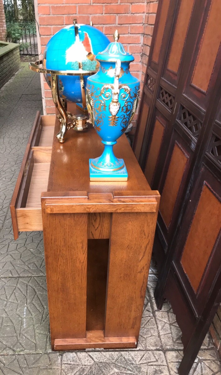 Exceptional Art Deco Style Flemish Solid Oak Designer Console Table