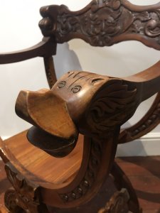 Carved Red Walnut X Frame Green Man Great Hall Chair Hand Carved In Solid Red Walnut Wood With Green Man Face Carvings, Griffins Head Arm Rests And Floral Motifs Carved Arched Stretchers Stunning Quality X Frame Hall Chair Lovely Condition Dimensions In Inches Height 36.5 Seat Height 17” Width 24.5” Depth 20”