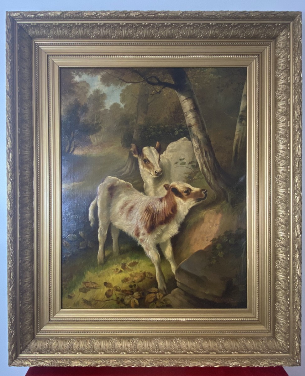 Primary image for Fine Quality A H Milton Drinkwater Calves In Landscape Oil Painting Dated 1901