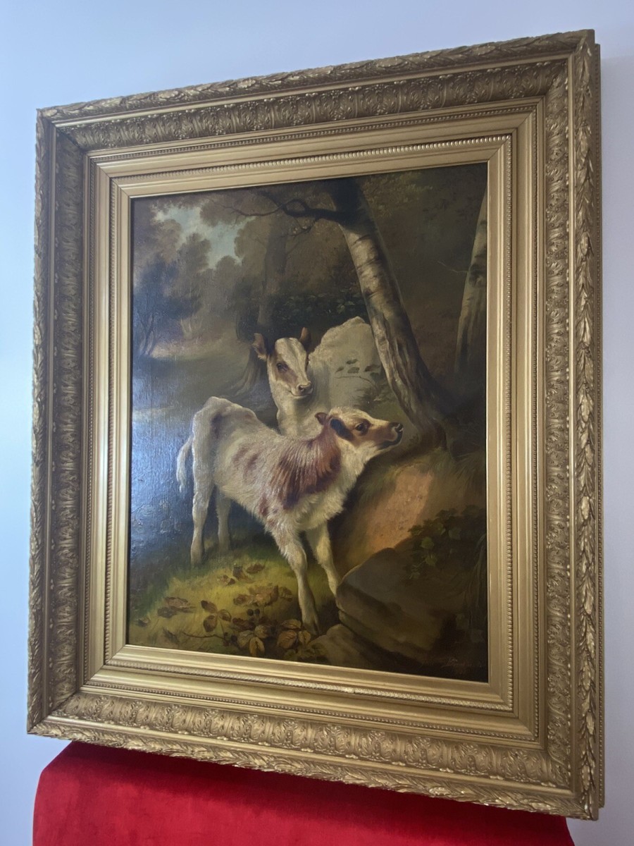 Fine Quality A H Milton Drinkwater Calves In Landscape Oil Painting Dated 1901