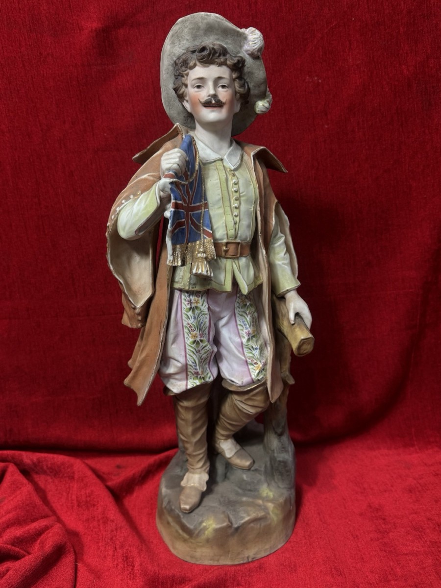 Primary image for Parian Hand Painted Bisque Cavalier Figurine Holding Britannia Flag