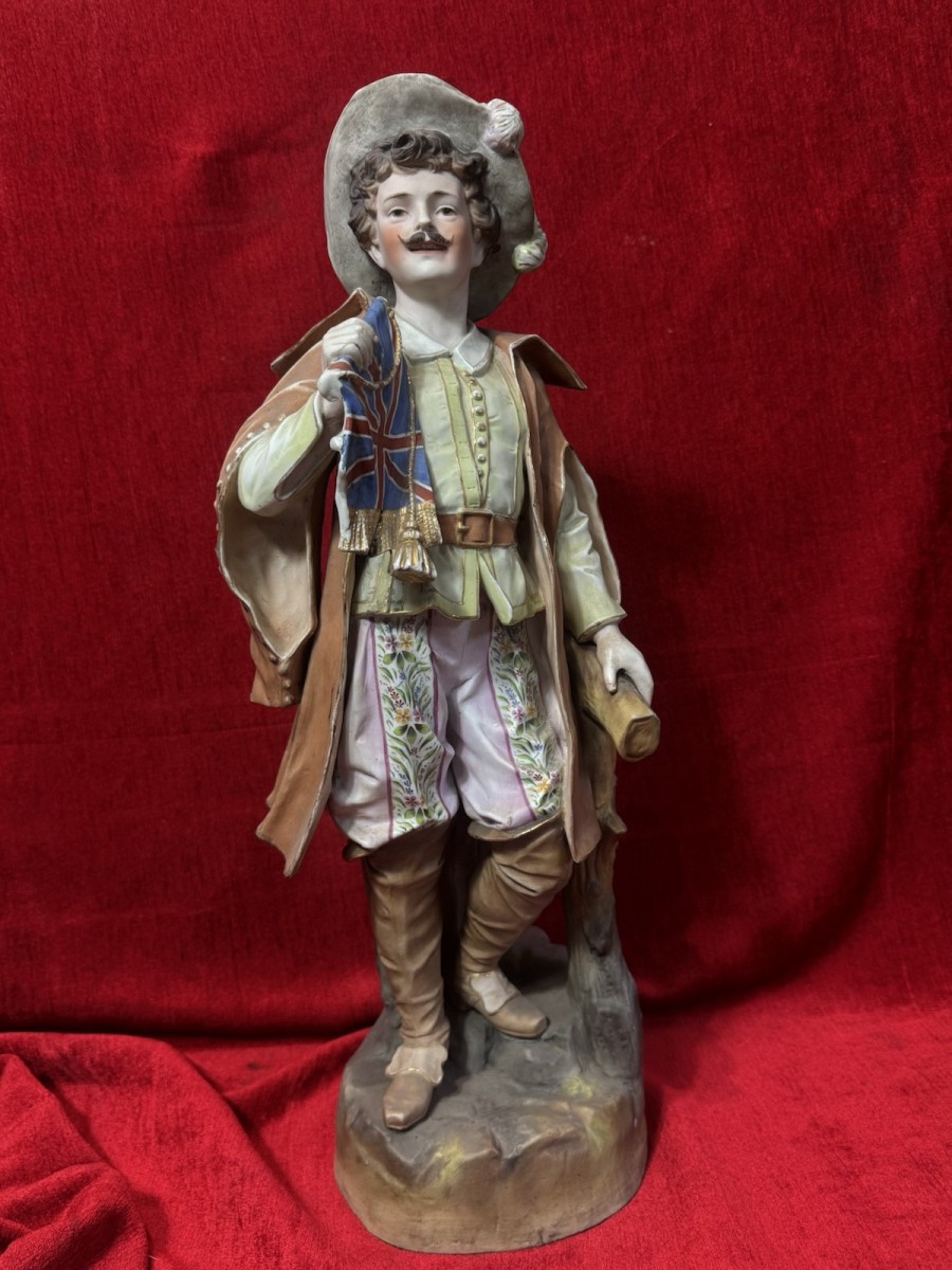 Parian Hand Painted Bisque Cavalier Figurine Holding Britannia Flag
