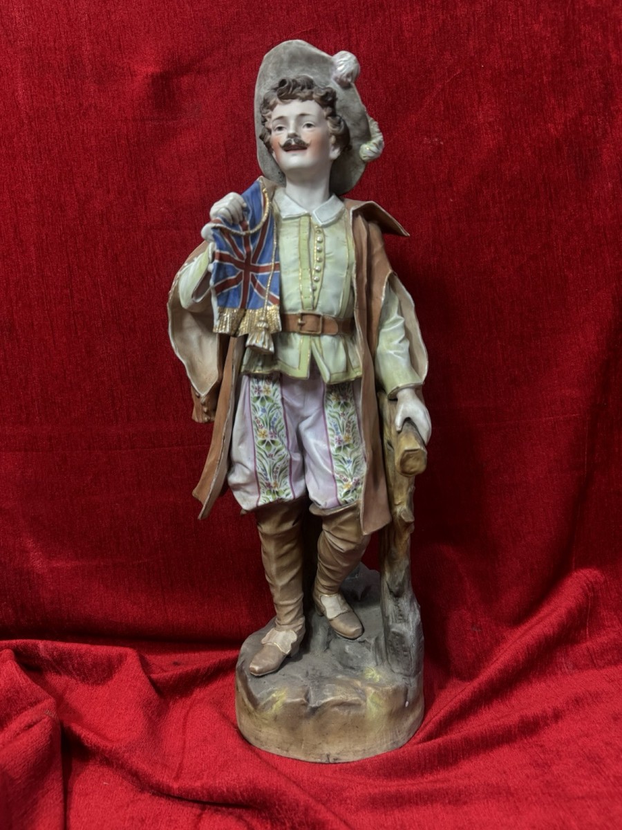 Parian Hand Painted Bisque Cavalier Figurine Holding Britannia Flag