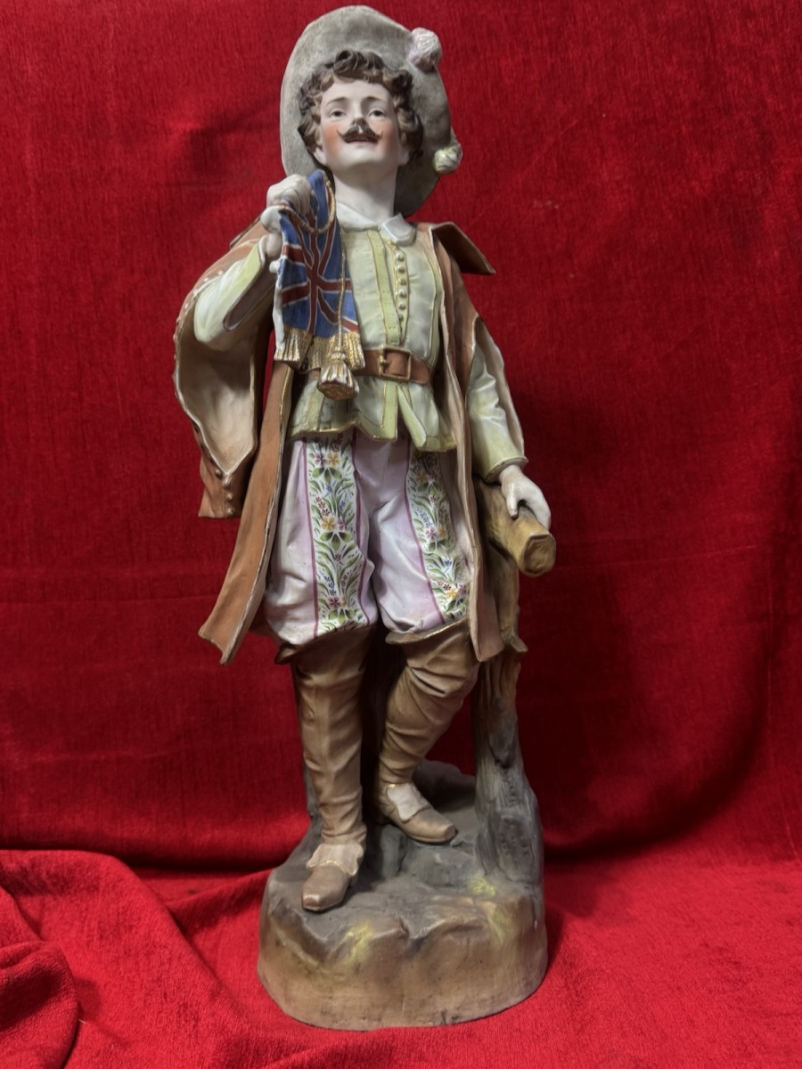 Parian Hand Painted Bisque Cavalier Figurine Holding Britannia Flag
