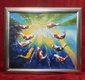 20th Century Modern Art Koi Carp Oil Painting On Canvas Metallic Wood Frame Composition - Oil On Canvas Listing Description Modern Art Dramatic Koi Carp Scene, With Intense Waves Of Colour. Intricately Painted Koi With Over Splatted Paint Droplets, As If A Feeding Frenzy. Quality Artwork By Accomplished Artist Painted Upon Canvas And Set In Metallic Silver Wood Frame. Signed by Artist Daniel. Stunning Piece For Aquatic Collector. Dimensions in Cms Height 60cm X Width 70cm