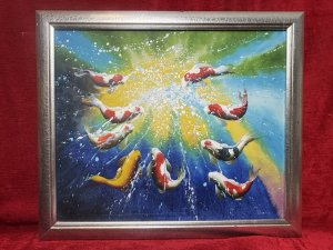 20th Century Modern Art Koi Carp Oil Painting On Canvas Metallic Wood Frame Composition - Oil On Canvas Listing Description Modern Art Dramatic Koi Carp Scene, With Intense Waves Of Colour. Intricately Painted Koi With Over Splatted Paint Droplets, As If A Feeding Frenzy. Quality Artwork By Accomplished Artist Painted Upon Canvas And Set In Metallic Silver Wood Frame. Signed by Artist Daniel. Stunning Piece For Aquatic Collector. Dimensions in Cms Height 60cm X Width 70cm