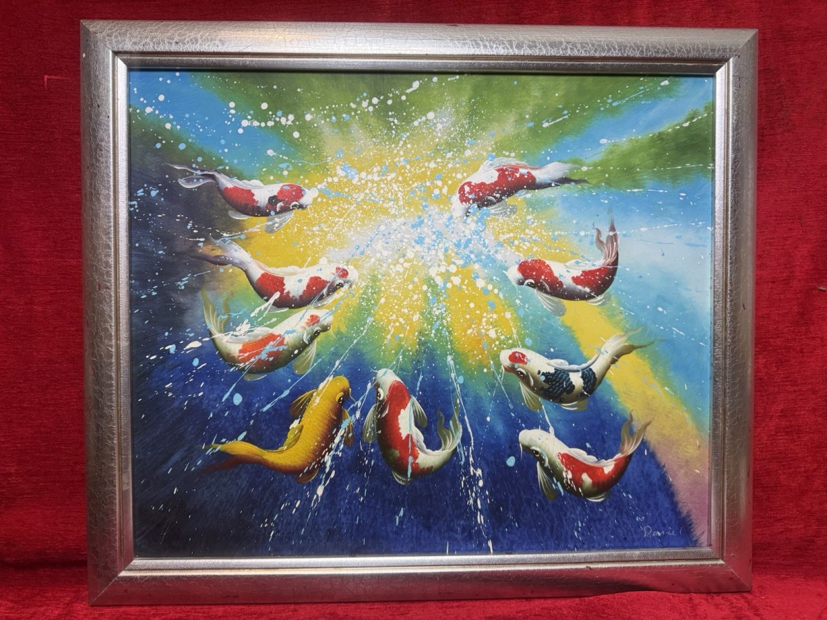 20th Century Modern Art Koi Carp Oil Painting On Canvas Metallic Wood Frame