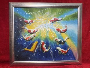 20th Century Modern Art Koi Carp Oil Painting On Canvas Metallic Wood Frame Composition - Oil On Canvas Listing Description Modern Art Dramatic Koi Carp Scene, With Intense Waves Of Colour. Intricately Painted Koi With Over Splatted Paint Droplets, As If A Feeding Frenzy. Quality Artwork By Accomplished Artist Painted Upon Canvas And Set In Metallic Silver Wood Frame. Signed by Artist Daniel. Stunning Piece For Aquatic Collector. Dimensions in Cms Height 60cm X Width 70cm