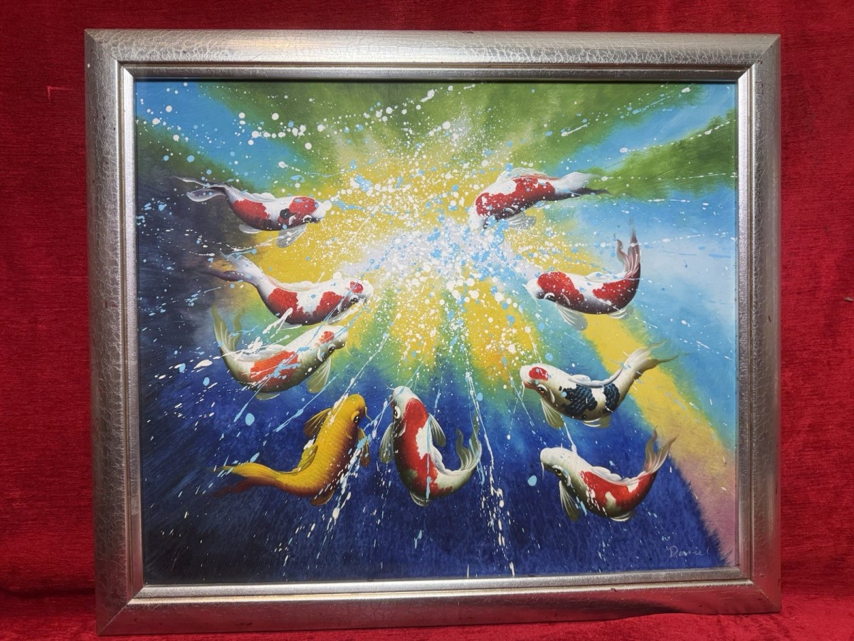 20th Century Modern Art Koi Carp Oil Painting On Canvas Metallic Wood Frame