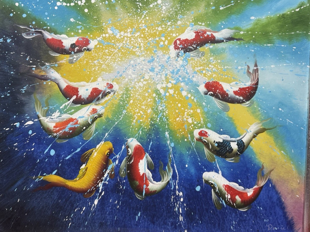 20th Century Modern Art Koi Carp Oil Painting On Canvas Metallic Wood Frame