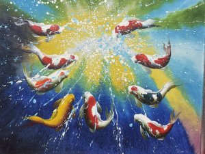 20th Century Modern Art Koi Carp Oil Painting On Canvas Metallic Wood Frame Composition - Oil On Canvas Listing Description Modern Art Dramatic Koi Carp Scene, With Intense Waves Of Colour. Intricately Painted Koi With Over Splatted Paint Droplets, As If A Feeding Frenzy. Quality Artwork By Accomplished Artist Painted Upon Canvas And Set In Metallic Silver Wood Frame. Signed by Artist Daniel. Stunning Piece For Aquatic Collector. Dimensions in Cms Height 60cm X Width 70cm
