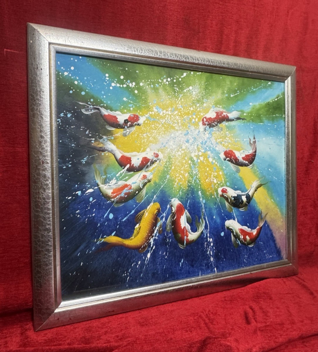 20th Century Modern Art Koi Carp Oil Painting On Canvas Metallic Wood Frame